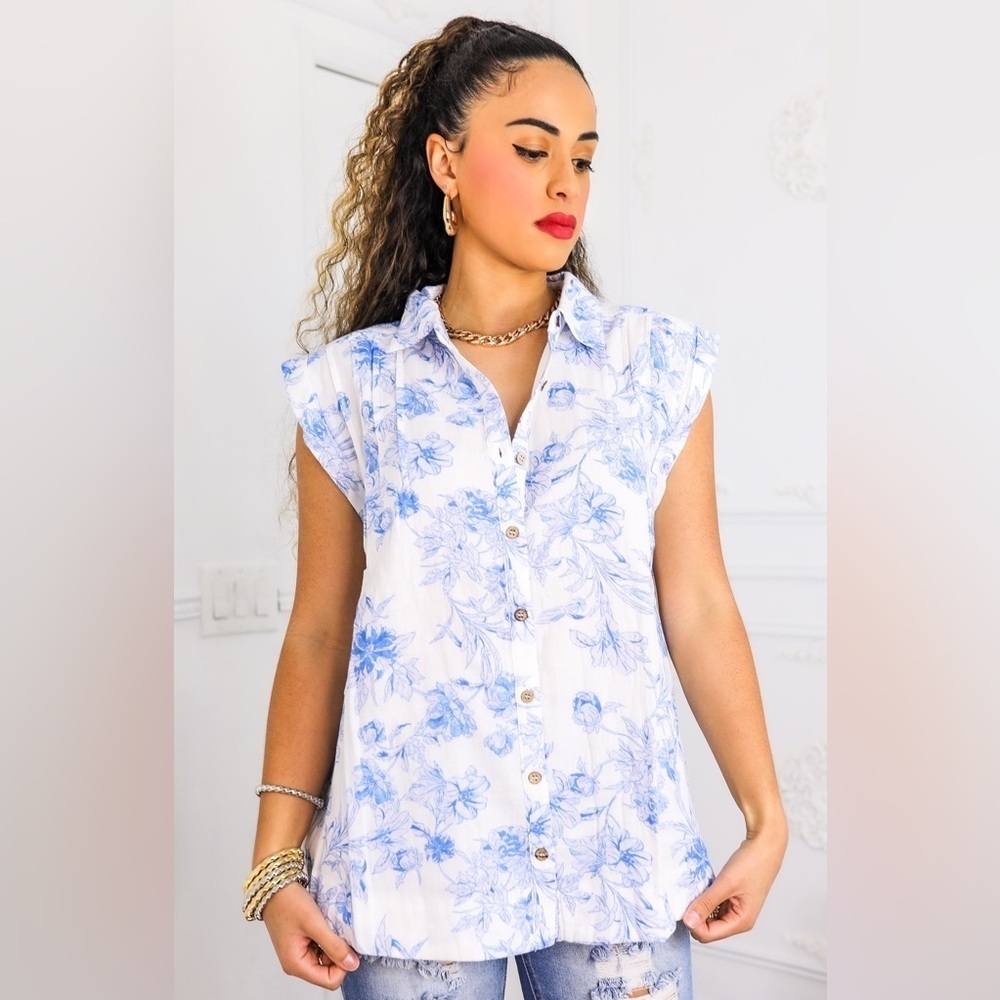 Floral Blue and White Women's Top - Picture 4 of 5